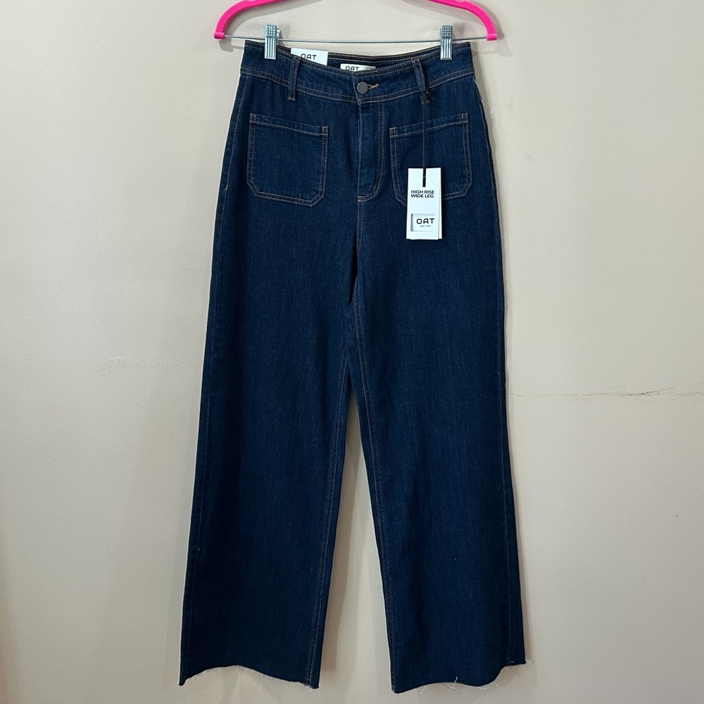 New OAT New York Sailor Style Wide Leg Jeans Patch Pockets Dark Wash 6/28